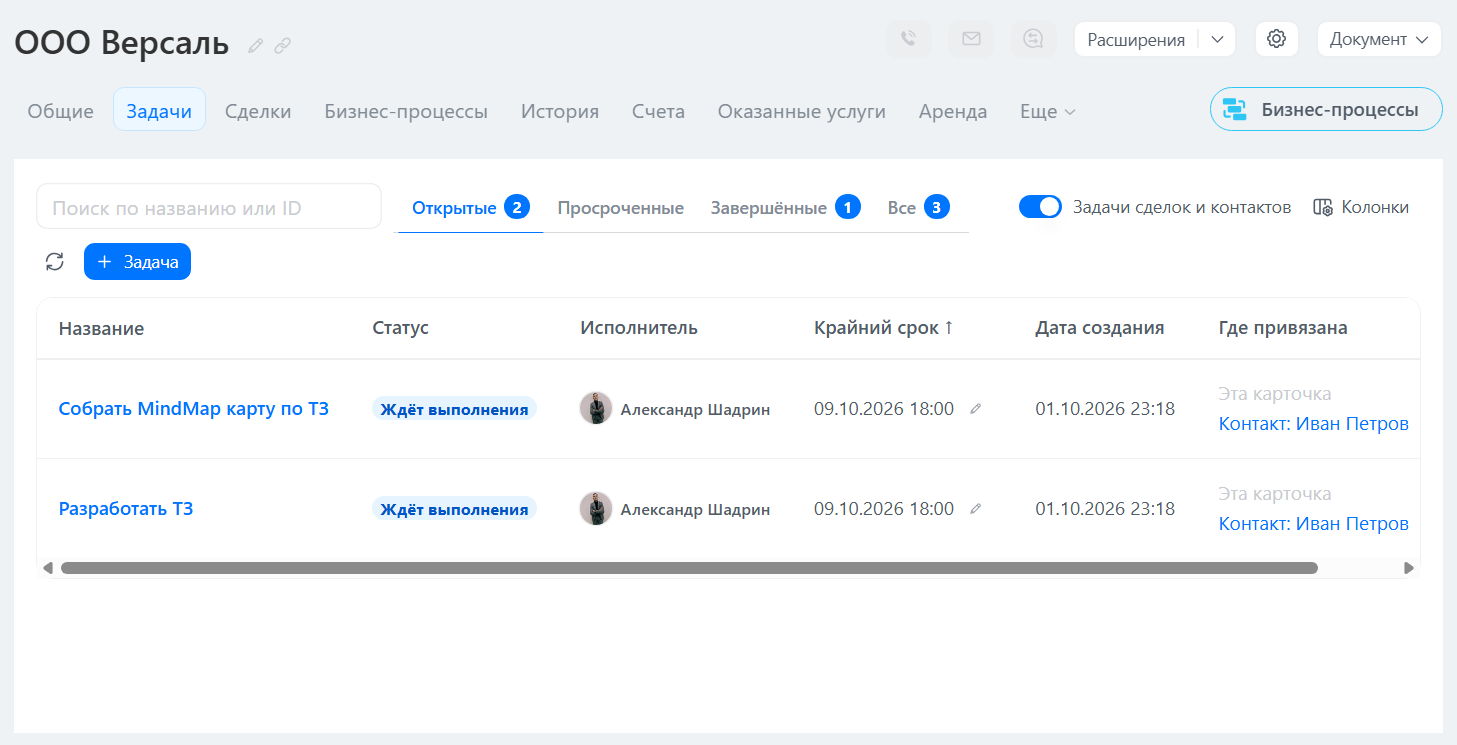 Вкладка «Задачи» в карточке компании: таблица задач компании, её сделок и контактов